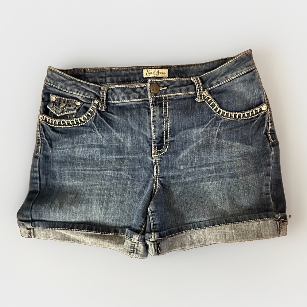 Earl Jean Denim Shorts Womens 12 Dark Wash Low Rise Cuffed Embellished 33x4